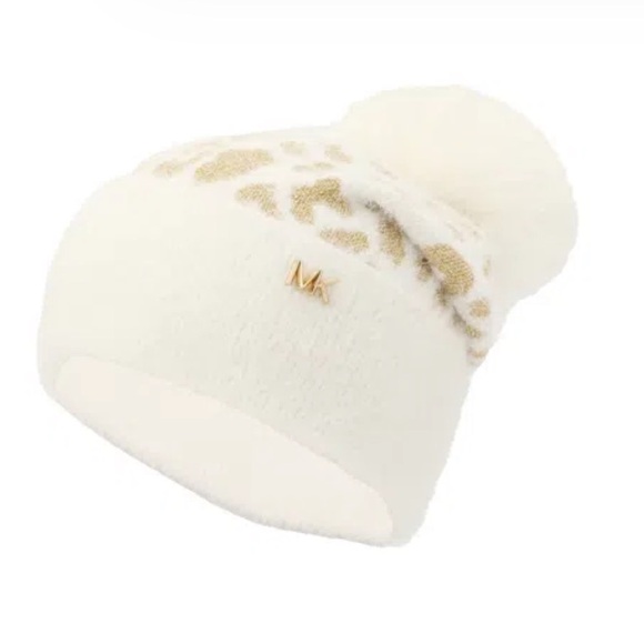Metallic Feather Leopard Cuff Beanie Hat with Feather Accents Amazon.com: Michael Kors Womens Metallic Feather Leopard  main image 3